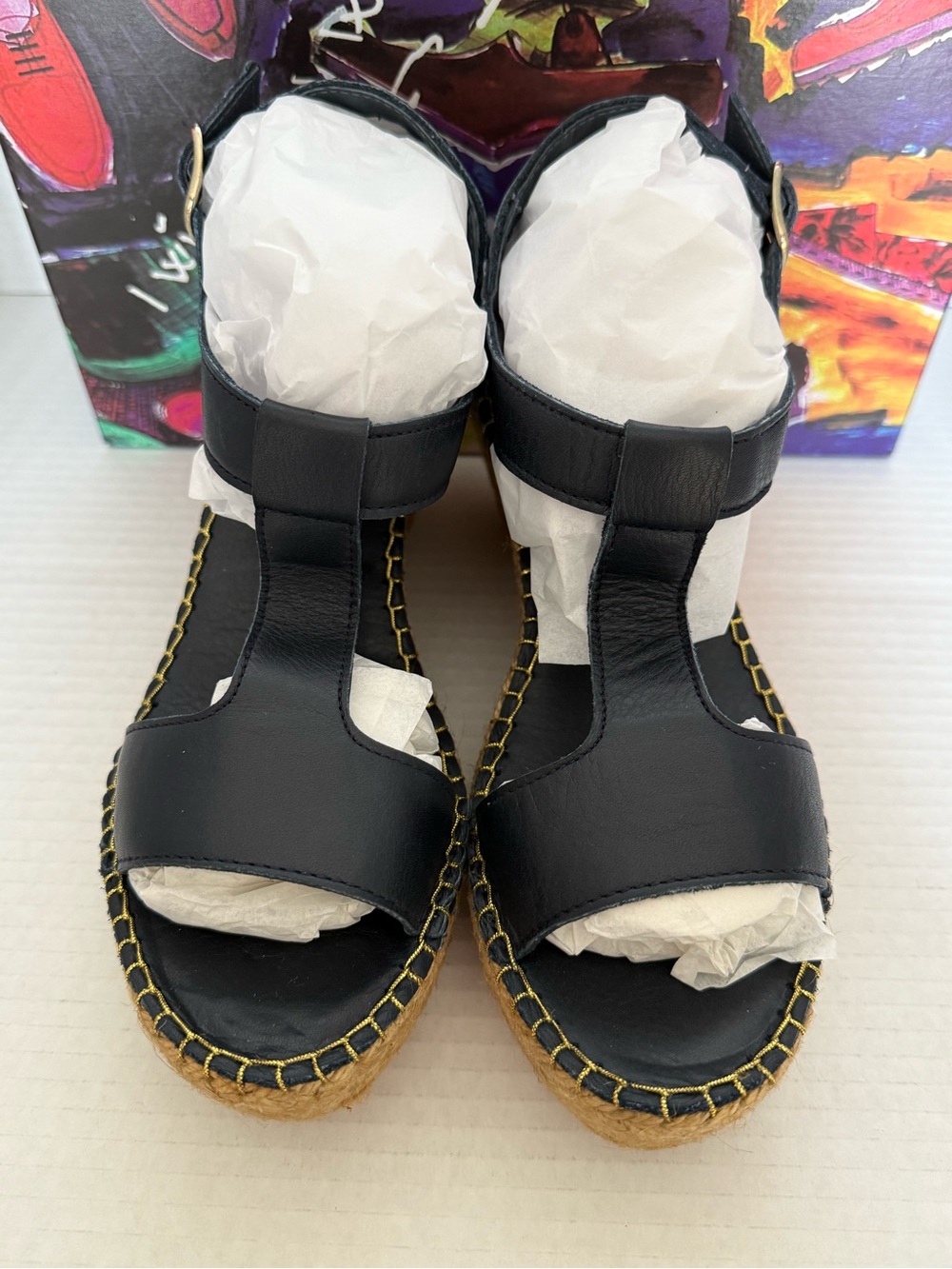 Andre Assous Black Leather Espadrille Wedge Sandals
